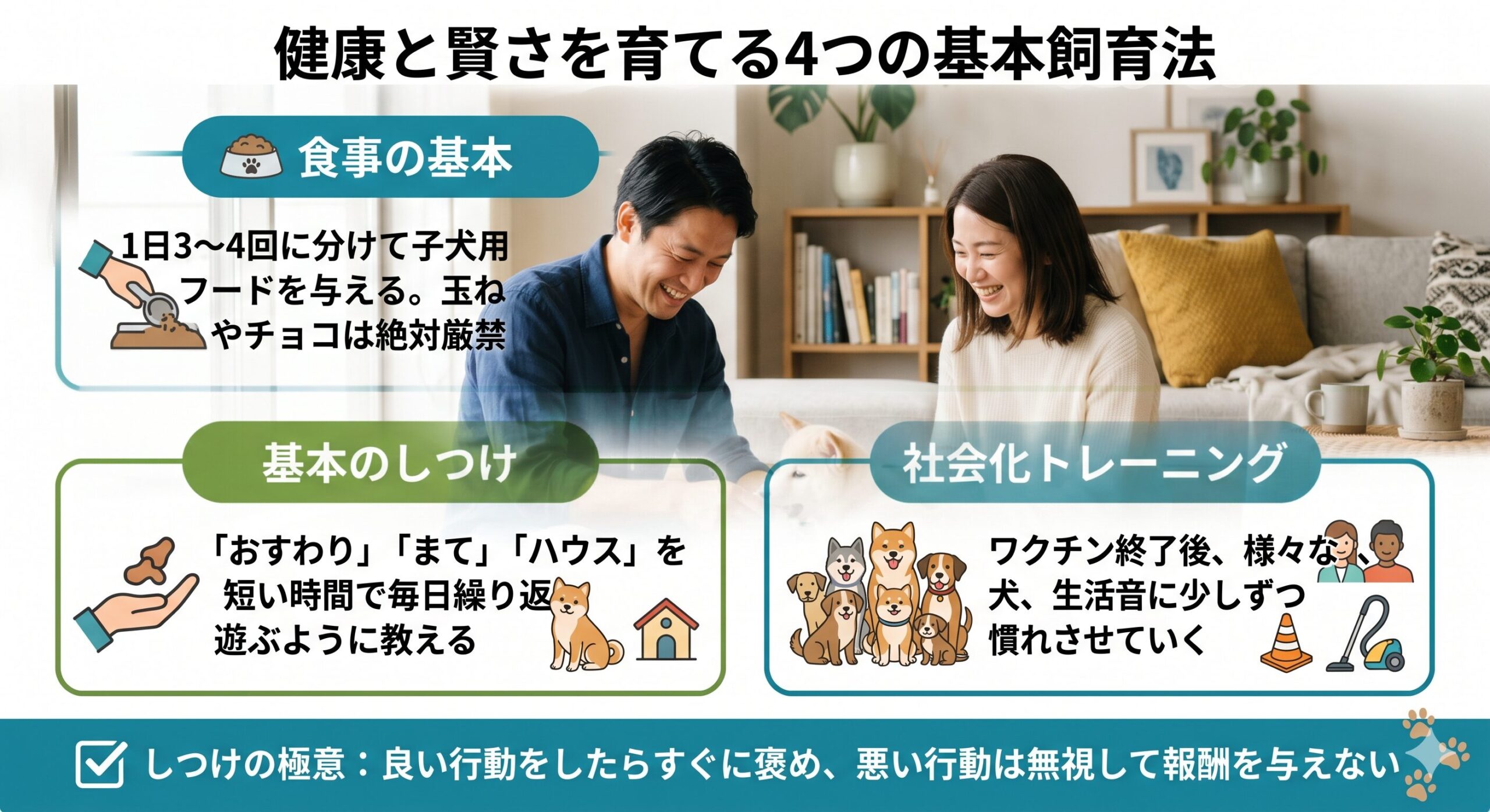リビングで「おすわり」のしつけ練習をしながら子犬におやつをあげる日本人飼い主