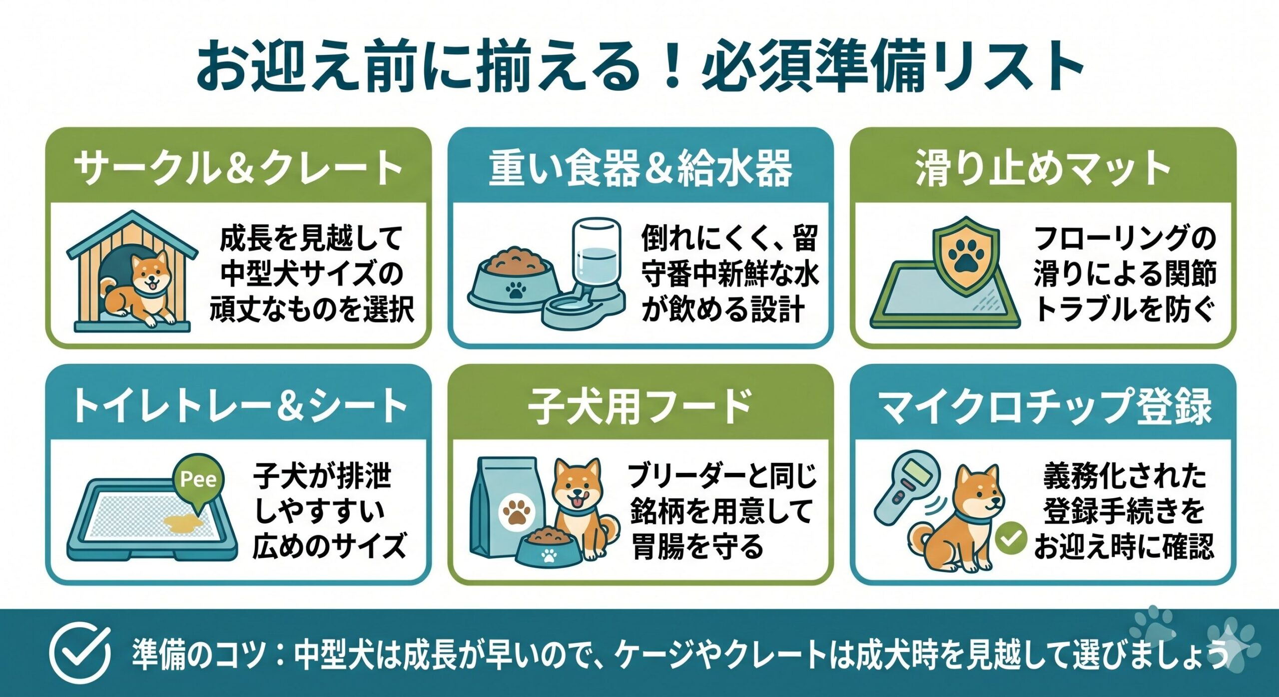 フローリングにきれいに並べられた、子犬用のお皿、首輪、リード、おもちゃなどの飼育用品